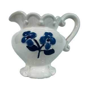 Vintage Folk Art Creamer/ Small Pitcher Ceramic Hand Painted White w/Blue Flower